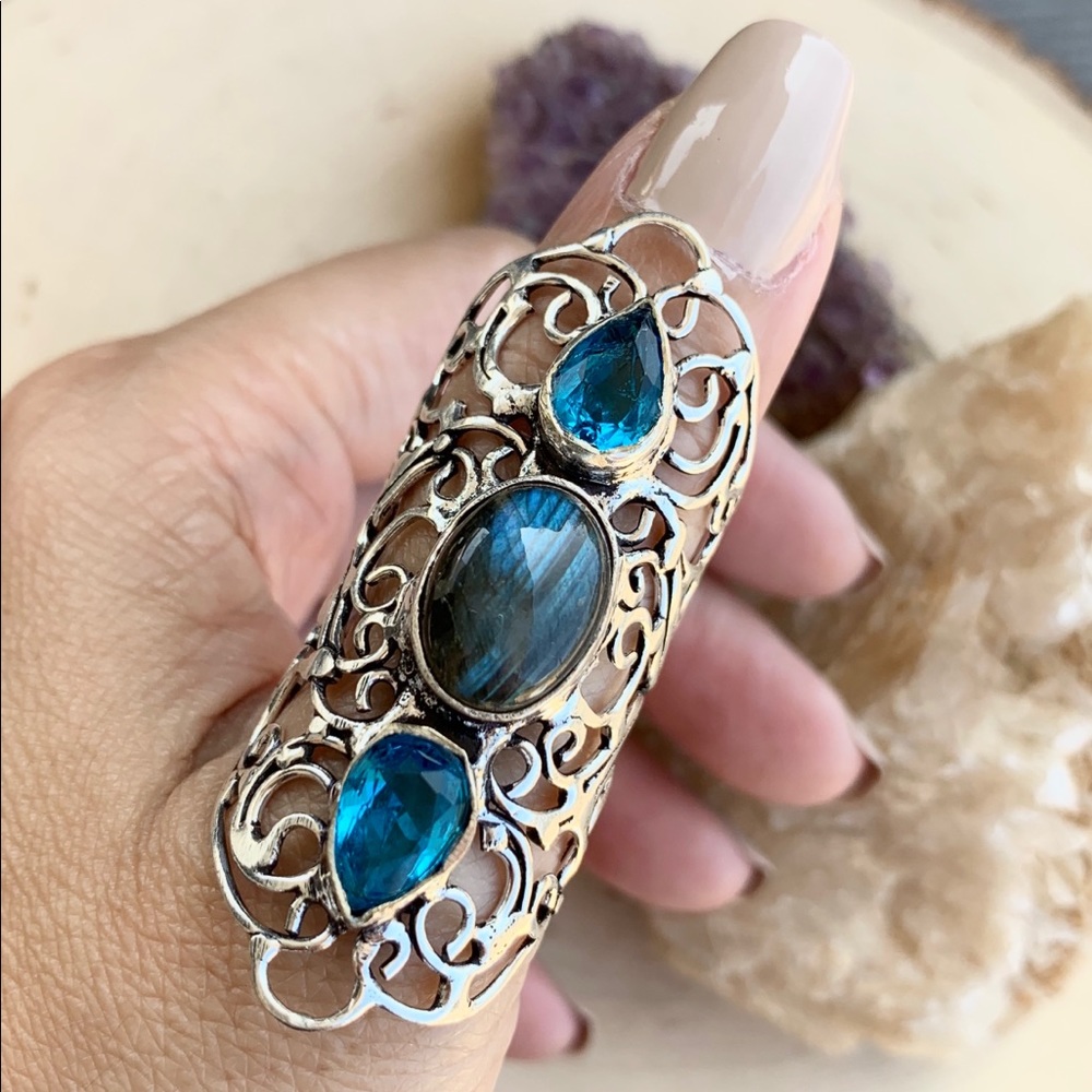 LABRADORITE & BLUE TOPAZ RING SIZE 10 - Picture 2 of 8